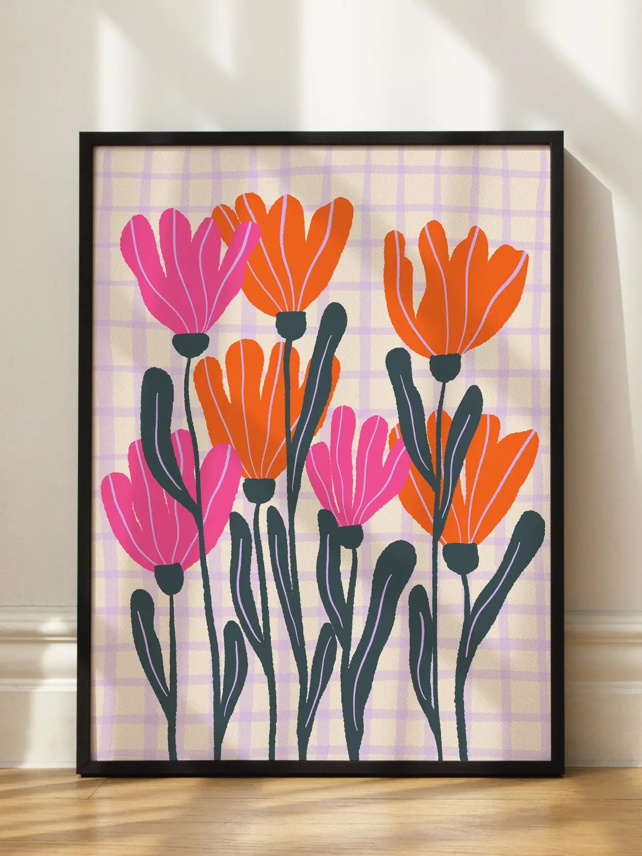 Pink Orange Flowers Checkered Background