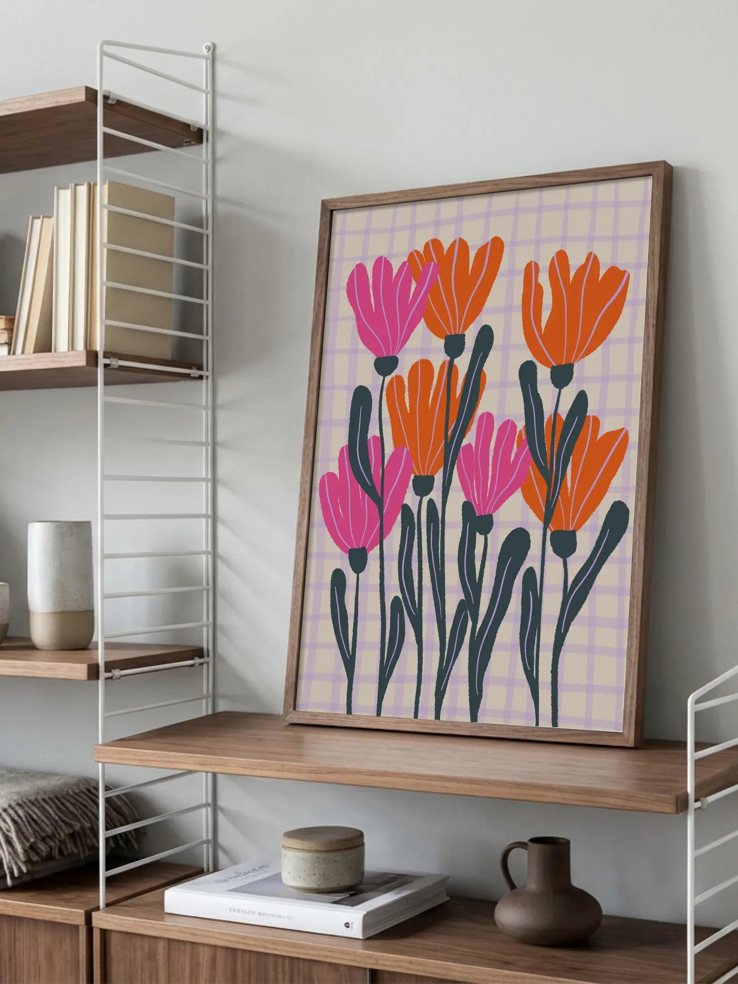 Pink Orange Flowers Checkered Background Poster