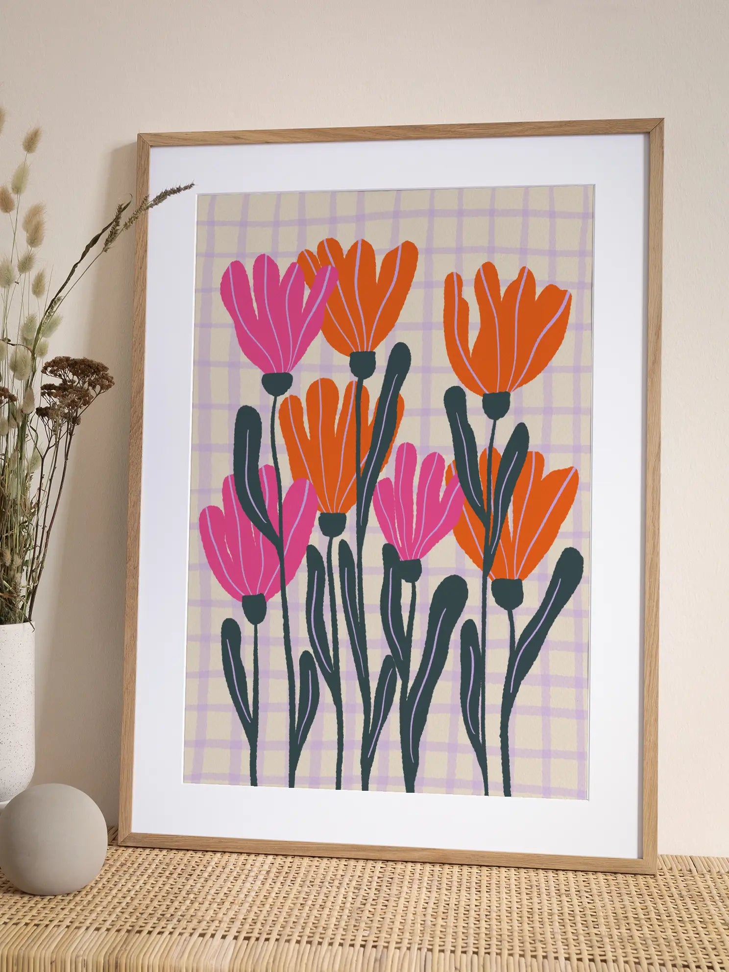 Pink Orange Flowers Checkered Background Poster