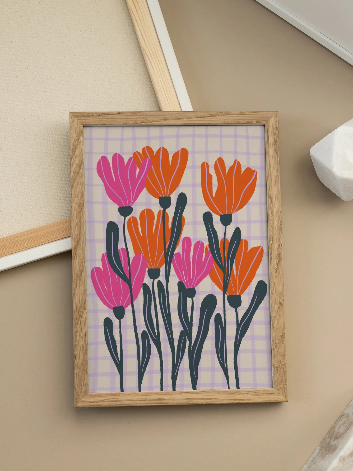 Pink Orange Flowers Checkered Background Poster