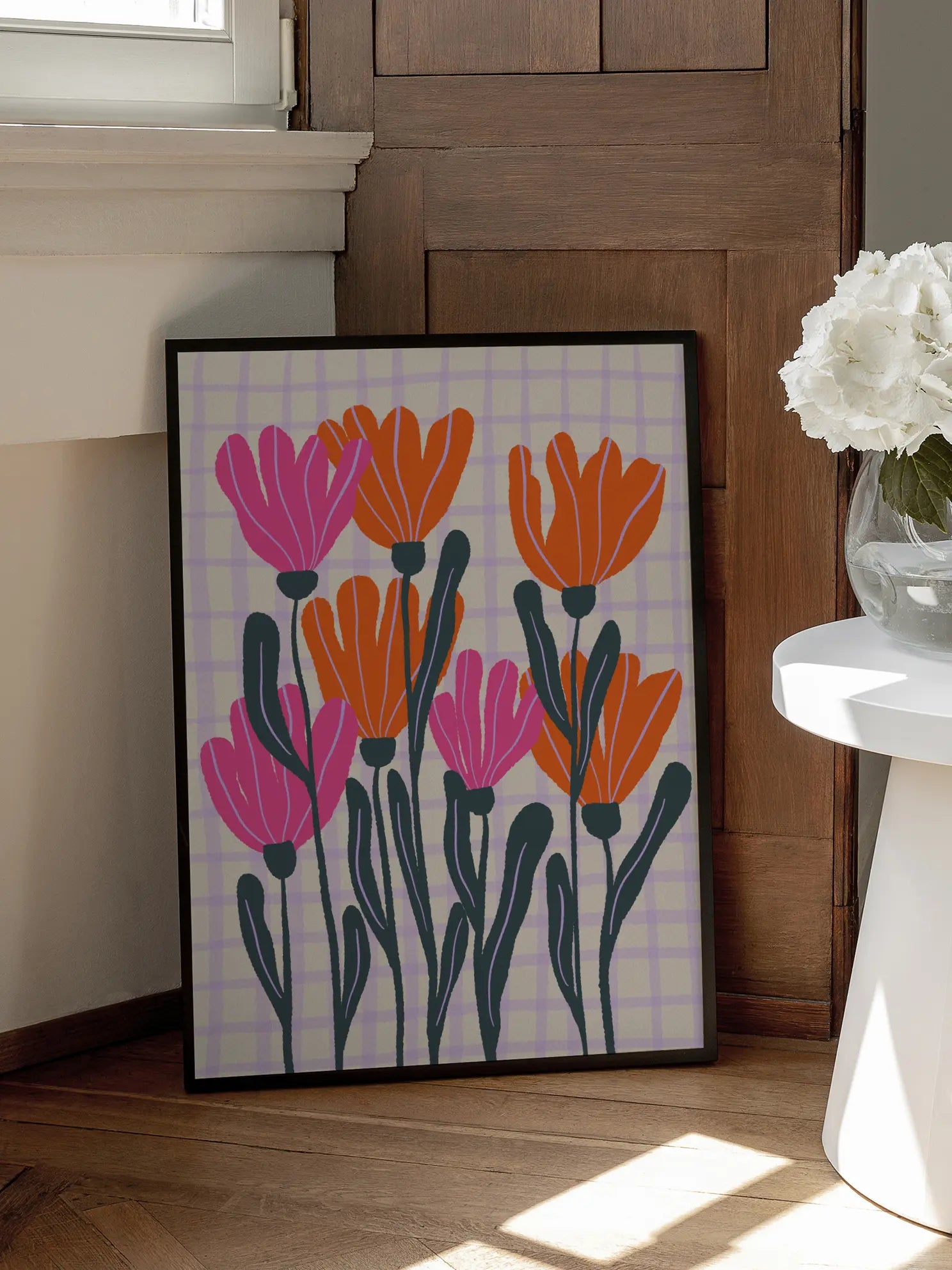 Pink Orange Flowers Checkered Background Poster