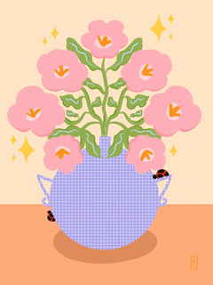 Illustration einer blauen karierten Vase mit rosa Blumen und Marienkäfern.