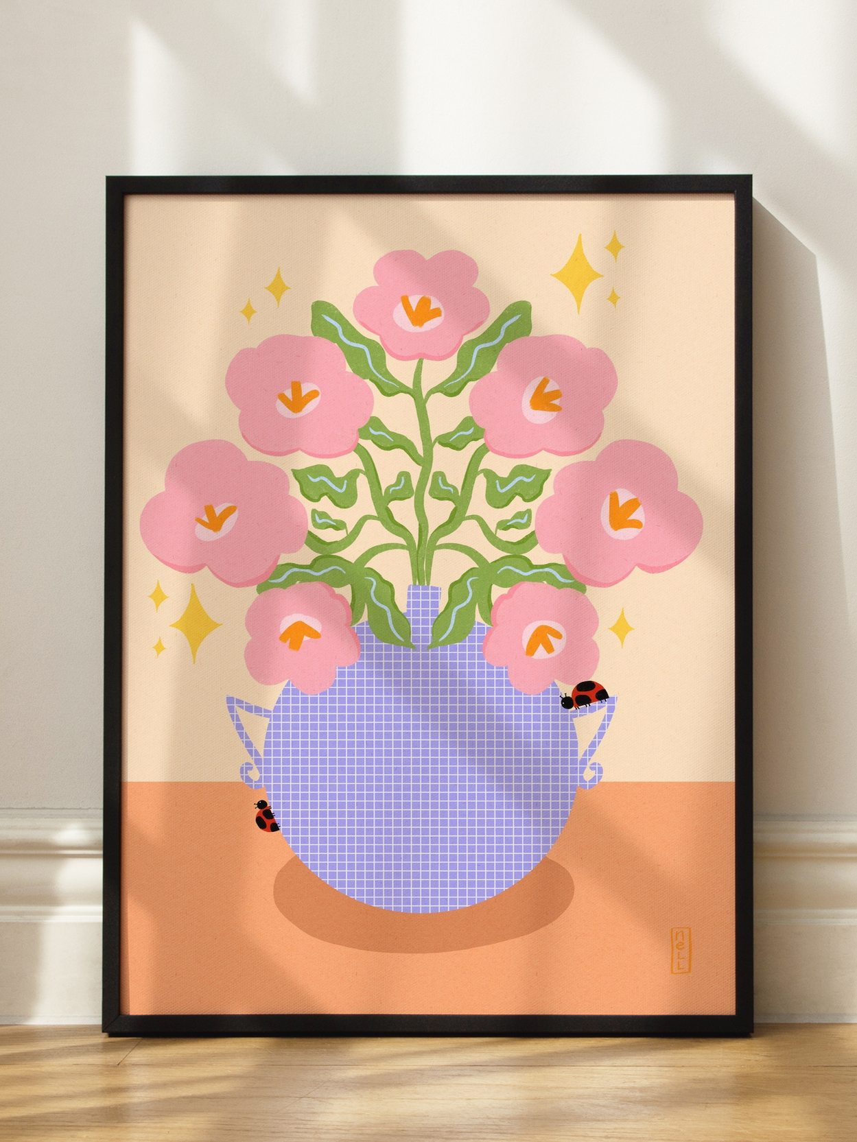 Pink Retro Flowers in a Vase Illustration Poster