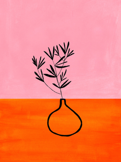 Grafische Illustration einer schwarzen Vase mit einem Zweig auf einem orangefarbenen Tisch vor einem rosa Hintergrund.