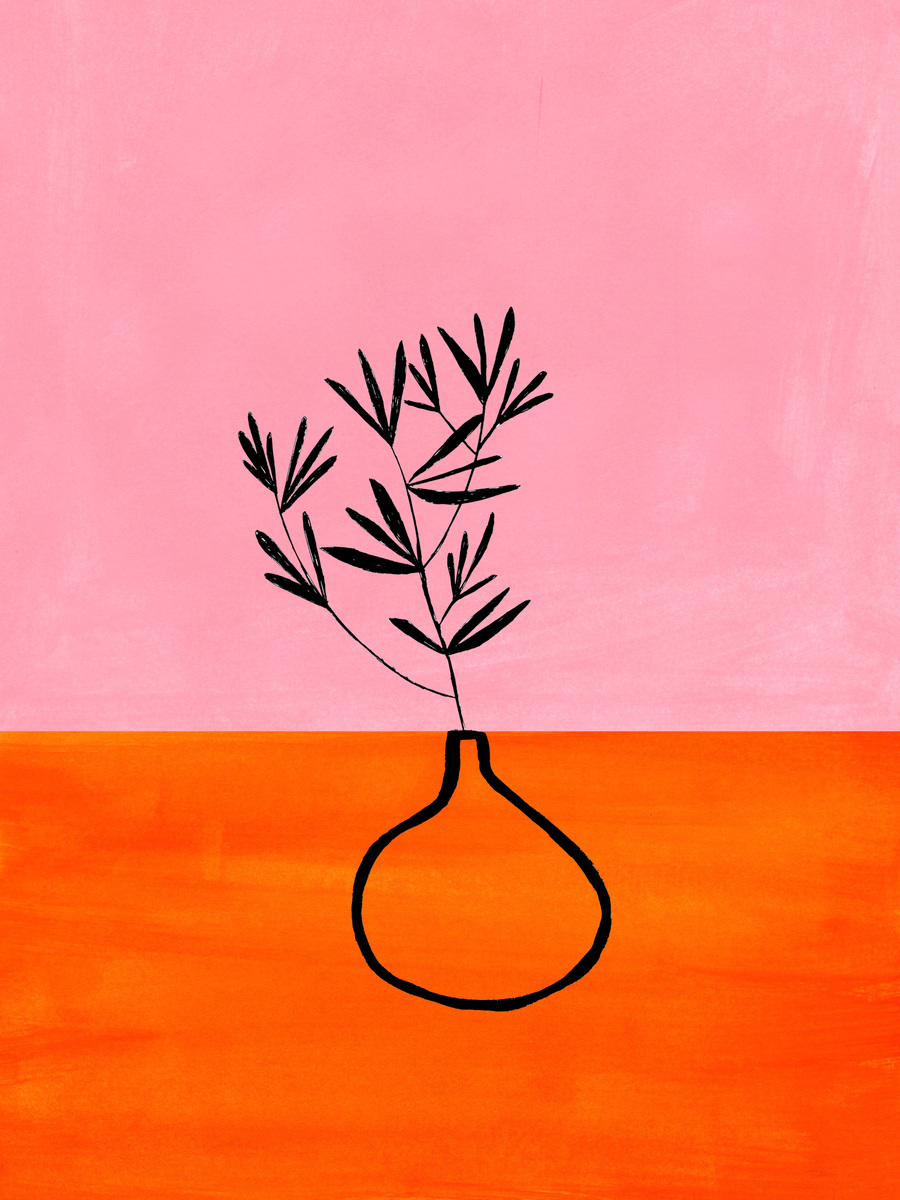 Grafische Illustration einer schwarzen Vase mit einem Zweig auf einem orangefarbenen Tisch vor einem rosa Hintergrund.