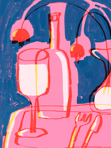 Illustration eines Weinglases und einer Weinflasche auf einem pinken Tischtuch vor blauem Hintergrund.