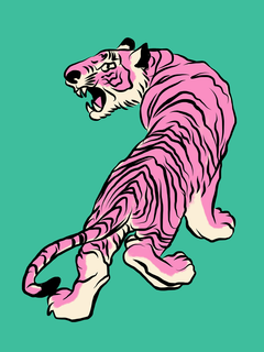 Illustration eines rosa Tigers vor einem grünen Hintergrund.