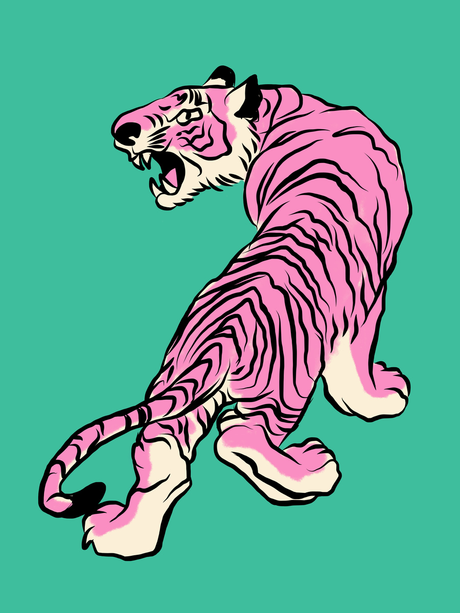 Illustration eines rosa Tigers vor einem grünen Hintergrund.