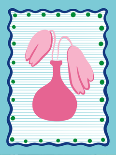 Abstrakte Illustration einer rosa Vase mit Blumen vor einem gemusterten Hintergrund.