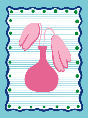 Abstrakte Illustration einer rosa Vase mit Blumen vor einem gemusterten Hintergrund.