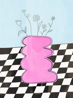 Illustration einer rosa Vase mit Blumen auf einem karierten Tisch vor einem blauen Hintergrund.