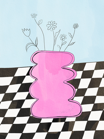 Illustration einer rosa Vase mit Blumen auf einem karierten Tisch vor einem blauen Hintergrund.