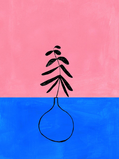 Illustration einer Pflanze in einer Vase vor einem pink-blauen Hintergrund.