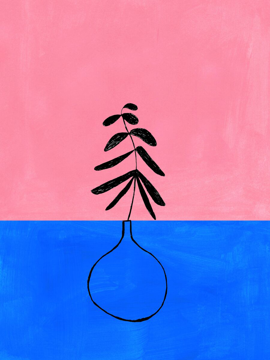 Illustration einer Pflanze in einer Vase vor einem pink-blauen Hintergrund.