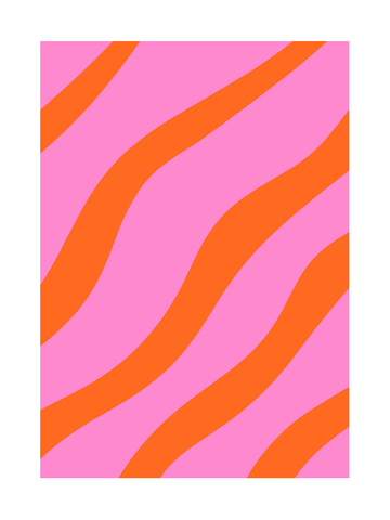 Poster mit pinkem Hintergrund und orangefarbenem Streifenmuster.