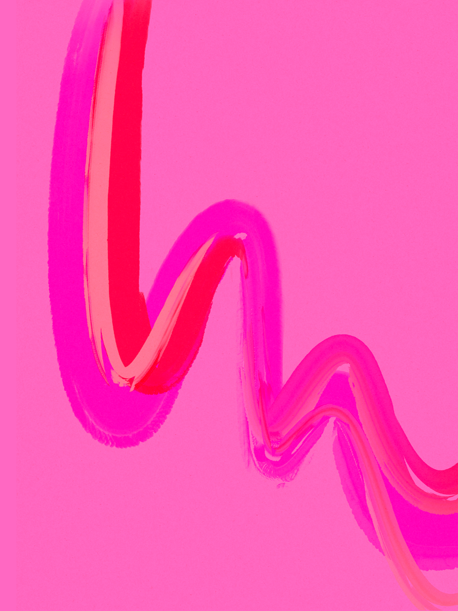 Kunstposter mit pinker und roter wellenförmiger Linie vor pinkem Hintergrund.