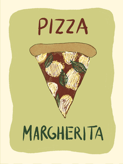 Illustration eines Pizza Margherita Stücks auf grünem Hintergrund mit dem Text "Pizza Margherita".