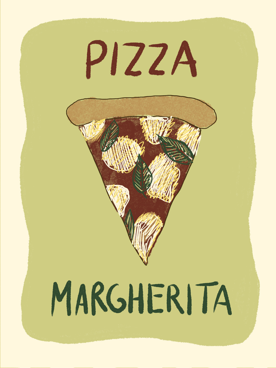 Illustration eines Pizza Margherita Stücks auf grünem Hintergrund mit dem Text "Pizza Margherita".