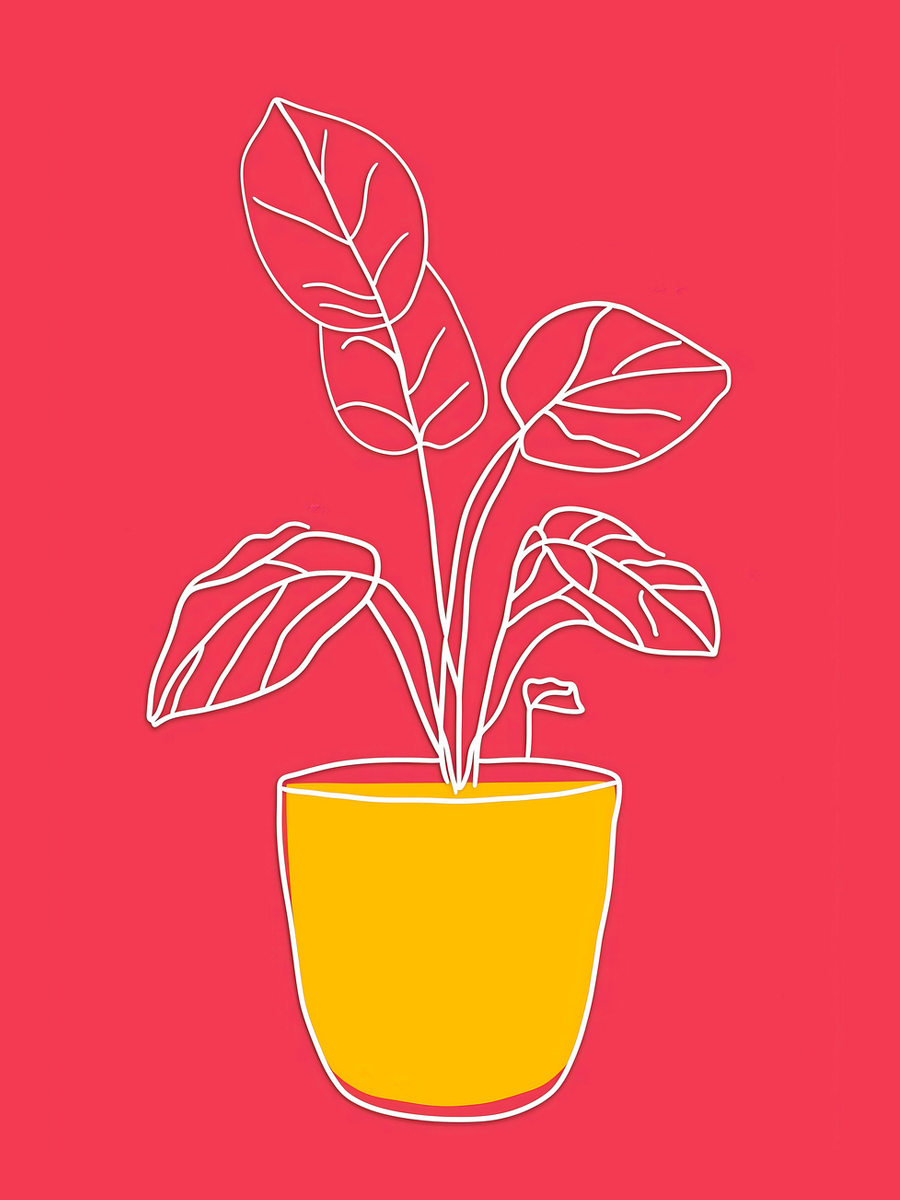 Illustration einer Pflanze mit weißen Umrissen in einem gelben Blumentopf vor einem roten Hintergrund.