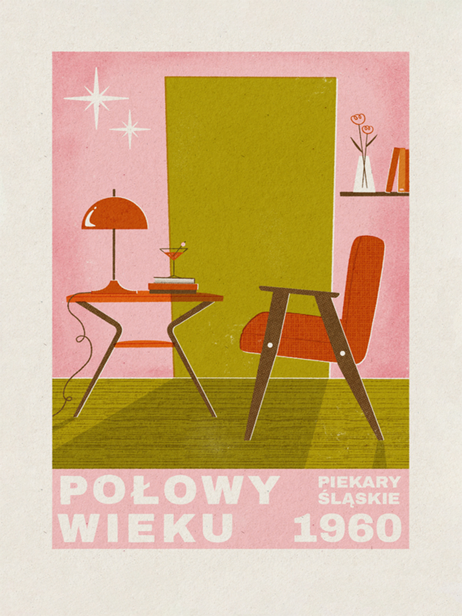 Retro-Poster mit einem Raum in Pink und Grün und dem Text „Połowy Wieku 1960“.