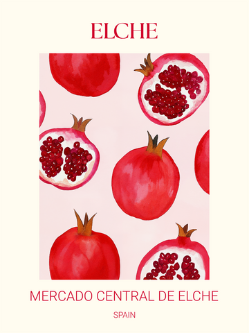 Poster mit roten Granatäpfeln vor einem hellrosa Hintergrund und rotem Text "Elche Mercado Central de Elche Spain".