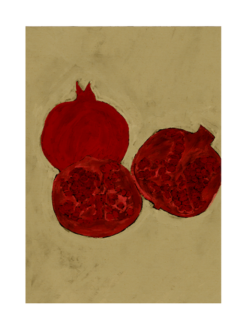 Ein Poster mit Granatäpfeln auf einem hellbeigen Hintergrund.