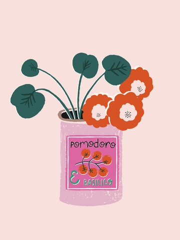 Illustration von roten Blumen in einer rosa Tomatendose auf einem hellrosa Hintergrund.