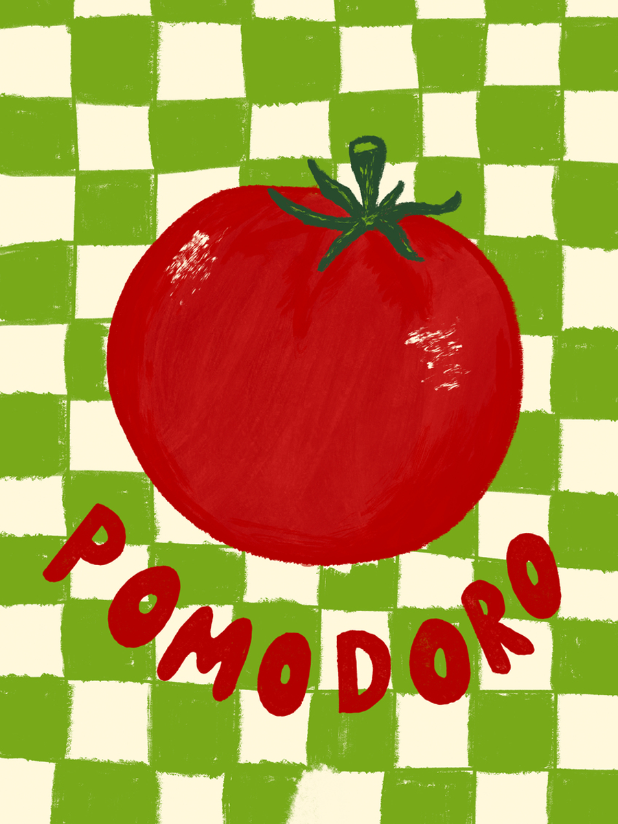 Poster mit einer roten Tomate auf einem grün-weißen Karomuster und dem Wort "Pomodoro" in Rot.