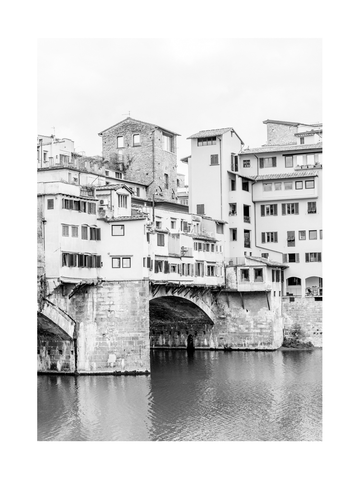Schwarz-Weiß-Fotografie der Ponte Vecchio in Florenz über den Fluss Arno.