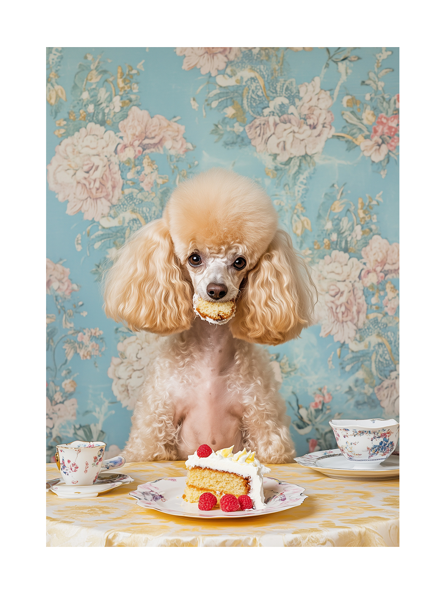 Ein Pudel mit einem Stück Kuchen im Maul vor einer blauen Tapete mit Blumenmuster.