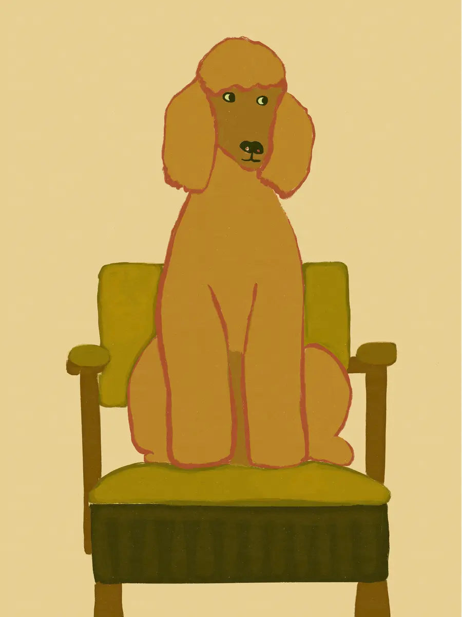 Illustration eines Pudels auf einem Stuhl mit braunem Hintergrund.