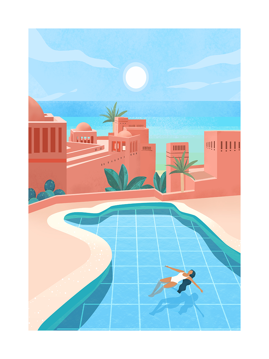 Illustration einer Frau, die in einem Pool schwimmt, mit Blick auf das Meer und Gebäude.