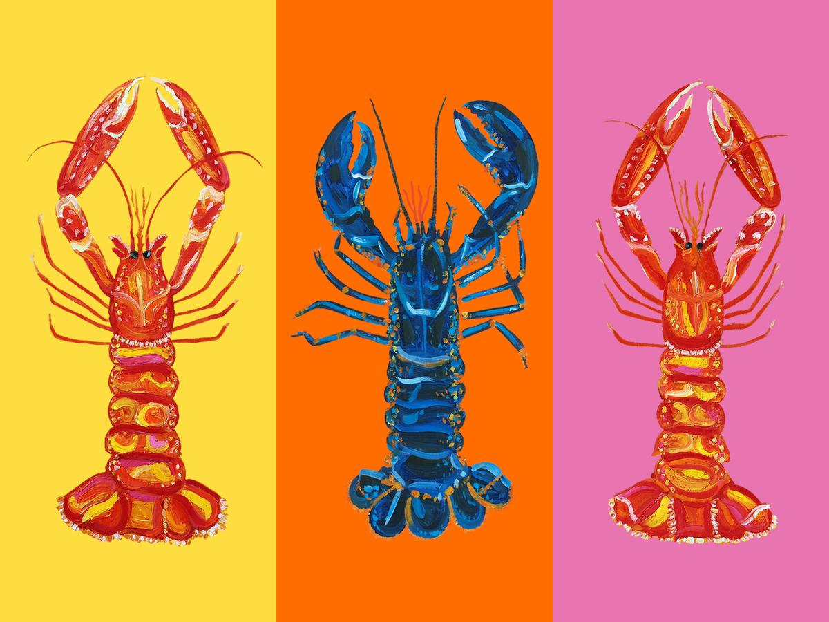 Drei bunte Hummer auf gelbem, orangem und rosa Hintergrund im Pop-Art-Stil.