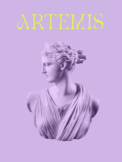 Büste der Statue von Artemis auf einem lila Hintergrund mit gelbem Schriftzug.