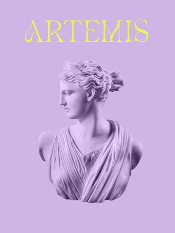 Büste der Statue von Artemis auf einem lila Hintergrund mit gelbem Schriftzug.