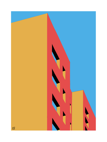 Grafische Illustration eines gelben und roten Gebäudes vor einem blauen Himmel.