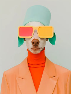 Ein Hund in einem orangefarbenen Anzug mit blauer Mütze und bunten Sonnenbrillen im Pop-Art-Stil.
