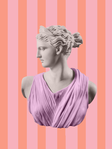Pop-Art-Poster einer Statue vor einem gestreiften Hintergrund.