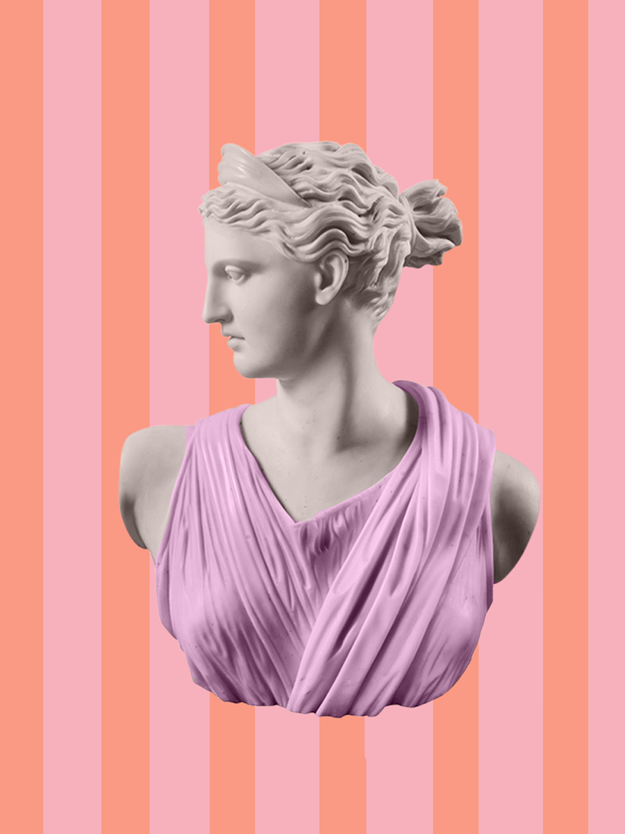 Pop-Art-Poster einer Statue vor einem gestreiften Hintergrund.