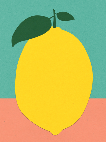 Poster mit einer Zitrone vor einem türkis-rosa Hintergrund.