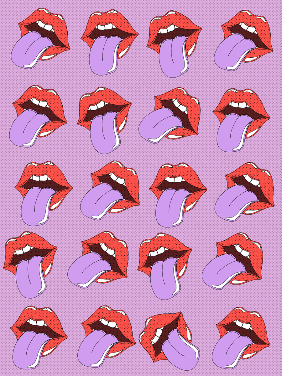 Pop-Art-Muster von roten Mündern mit herausgestreckten Zungen auf lila Hintergrund.
