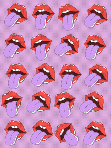 Pop-Art-Muster von roten Mündern mit herausgestreckten Zungen auf lila Hintergrund.