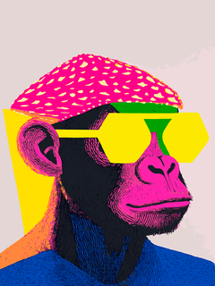 Pop-Art-Illustration eines Affen mit gelber Sonnenbrille und rosa Hut vor einem hellgrauen Hintergrund.