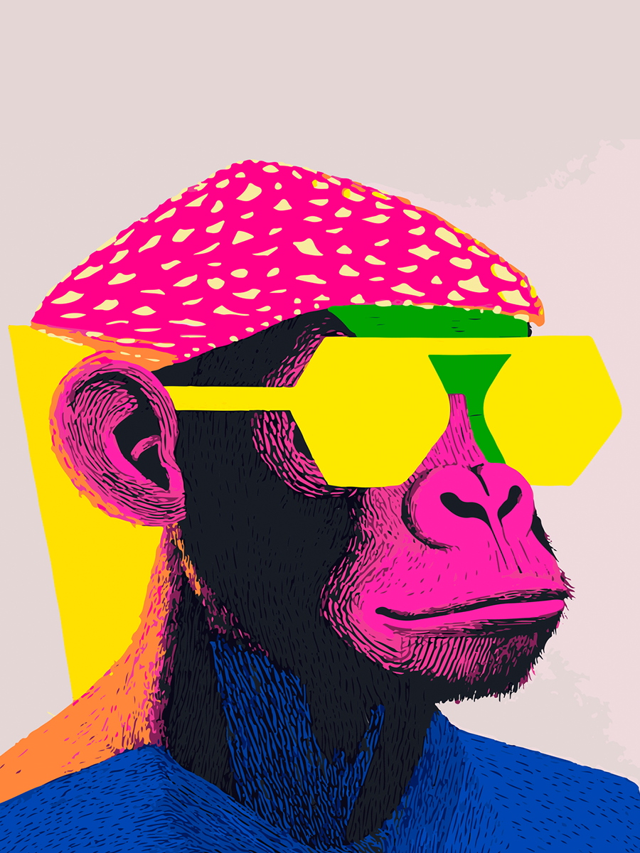 Pop-Art-Illustration eines Affen mit gelber Sonnenbrille und rosa Hut vor einem hellgrauen Hintergrund.
