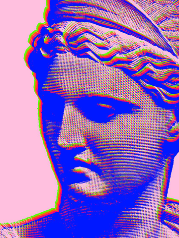 Pop-Art-Porträt einer Frau in bunten Farben auf rosafarbenem Hintergrund.