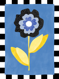 Illustration einer Blume mit gelben Blättern und einer Blüte in Schwarz und Blau auf einem blauen Hintergrund mit schwarz-weißem Schachbrettmuster.