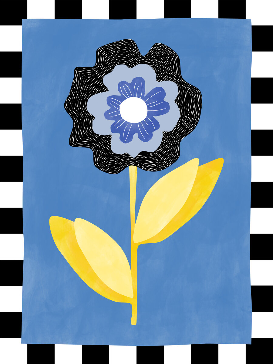 Illustration einer Blume mit gelben Blättern und einer Blüte in Schwarz und Blau auf einem blauen Hintergrund mit schwarz-weißem Schachbrettmuster.
