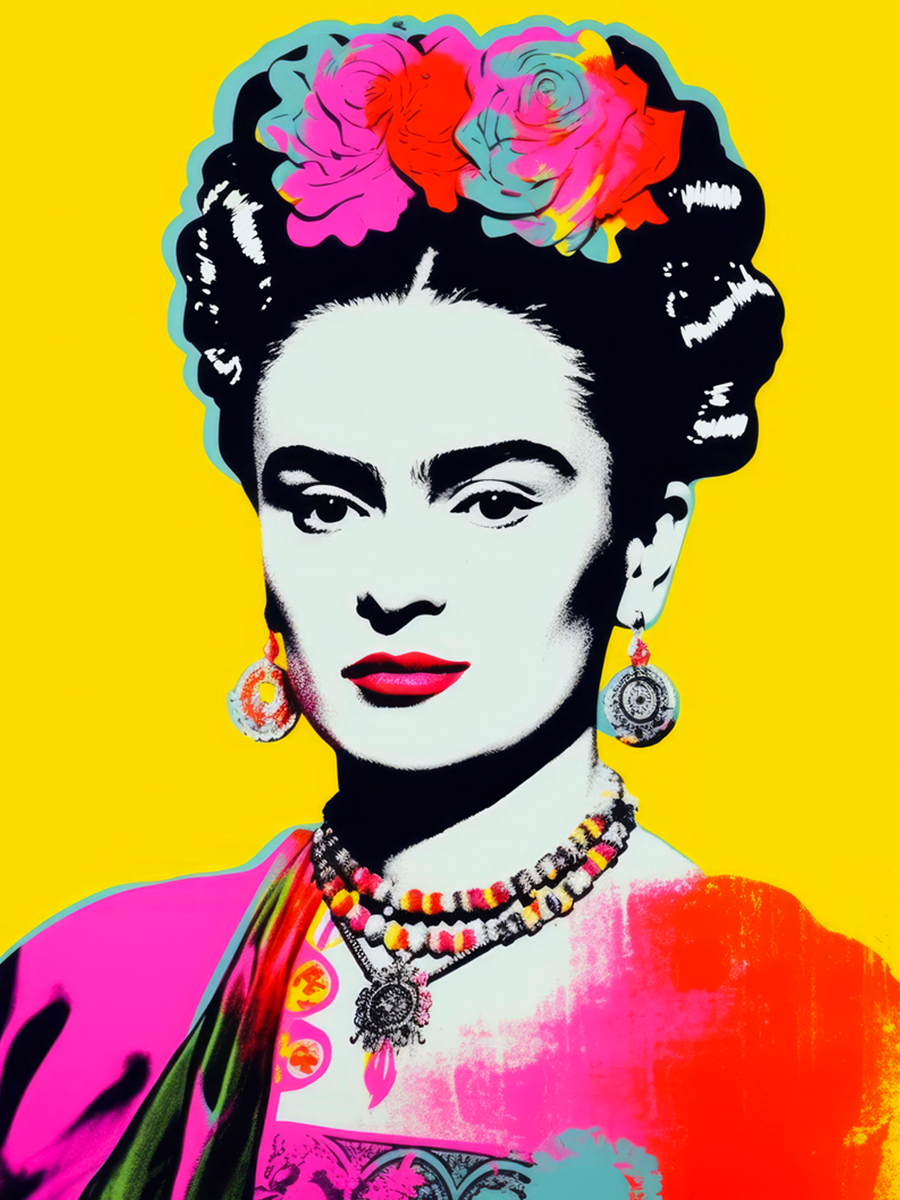 Pop-Art-Porträt von Frida Kahlo vor einem gelben Hintergrund.