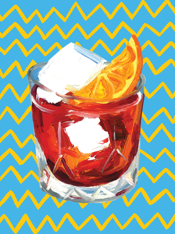 Illustration eines Negroni-Cocktails mit Eiswürfeln und Orangenscheibe vor blauem Hintergrund mit gelben Zickzacklinien.