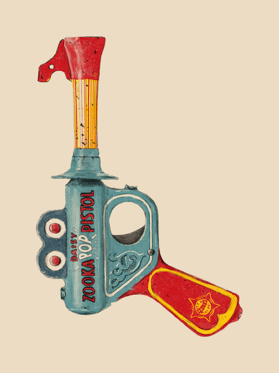 Illustration einer Spielzeugpistole in Rot und Blau mit schwarzem Text auf beigem Hintergrund.